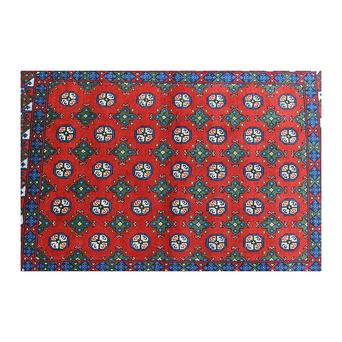 Field detail of Turkoman rug showing ivory-centred octagonal guls alternating with green diamond motifs