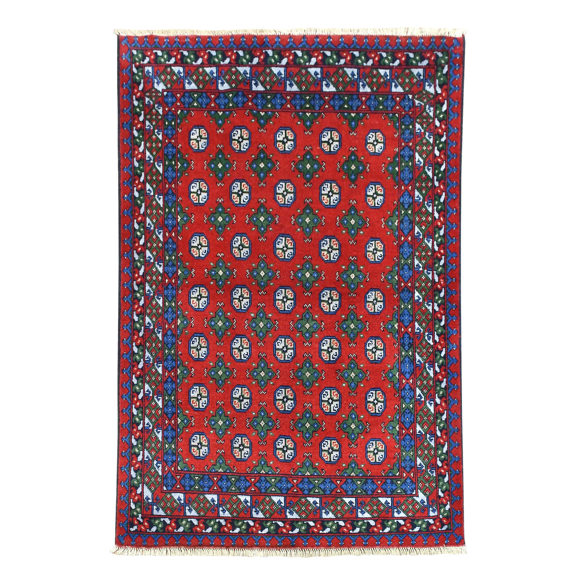 Full view of Turkoman rug with vivid red field, 35 octagonal guls and multicoloured geometric borders, 201 x 150 cm