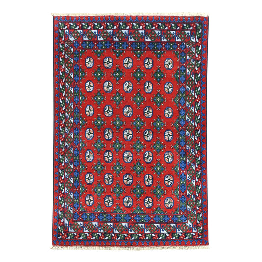 Full view of Turkoman rug with vivid red field, 35 octagonal guls and multicoloured geometric borders, 201 x 150 cm
