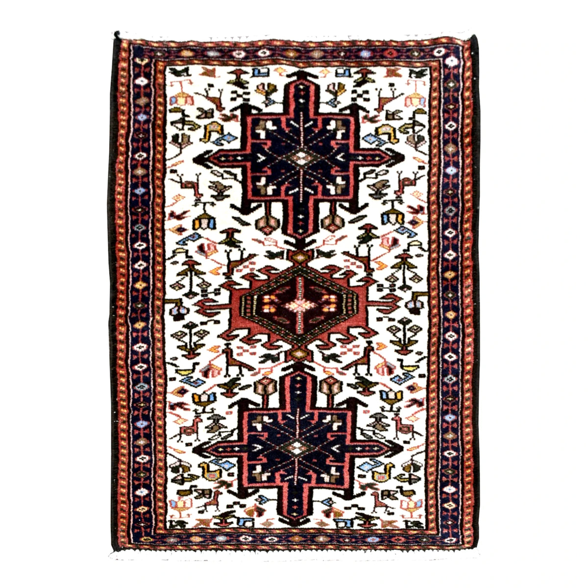 Full view of vintage Afshar wool rug with ivory field, navy stepped medallions, rust-red centre and animal and duck motifs, 105 x 65 cm