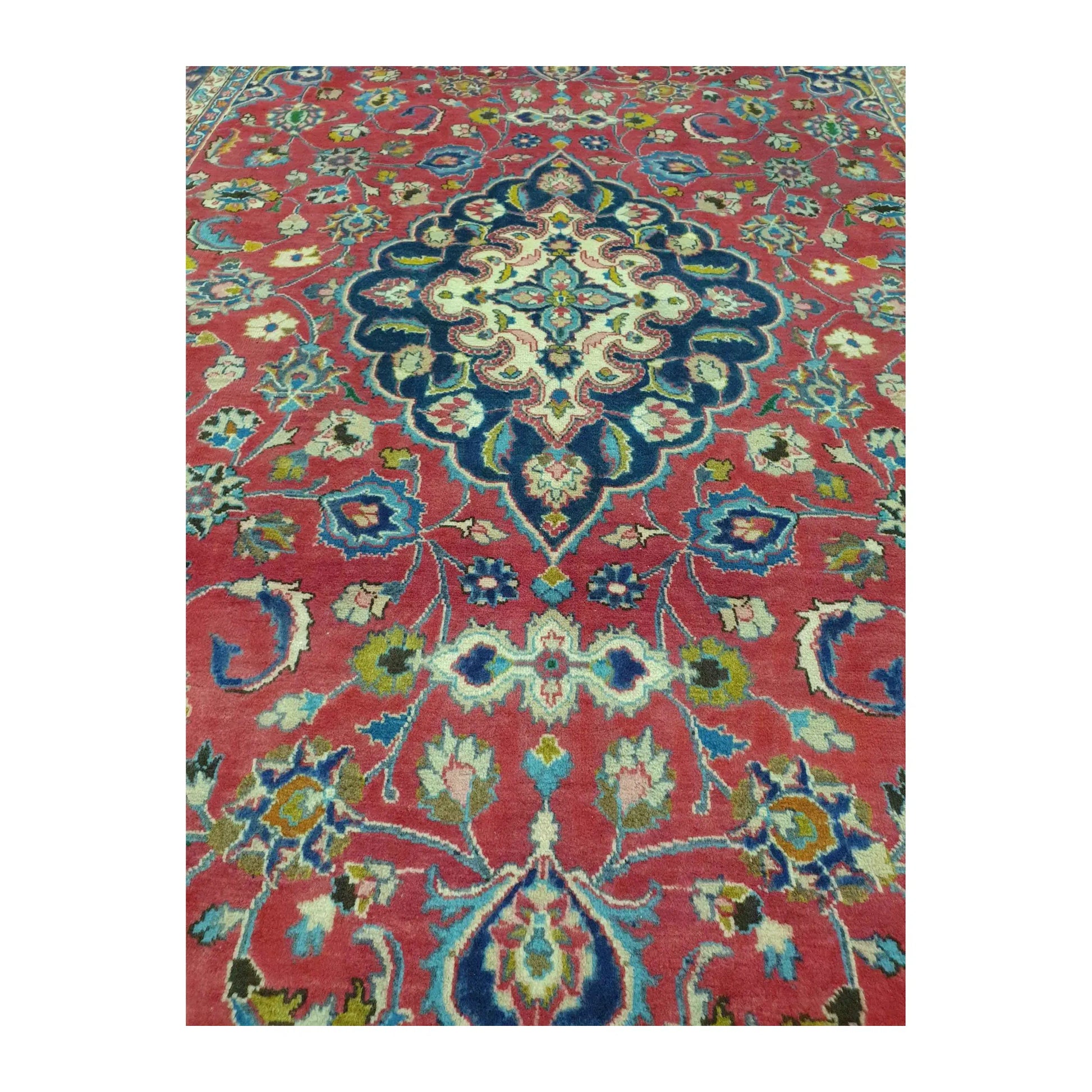 Central field detail of Vintage Mashad wool rug with shaped medallion, floral vines and rose-red ground, 290 x 186 cm