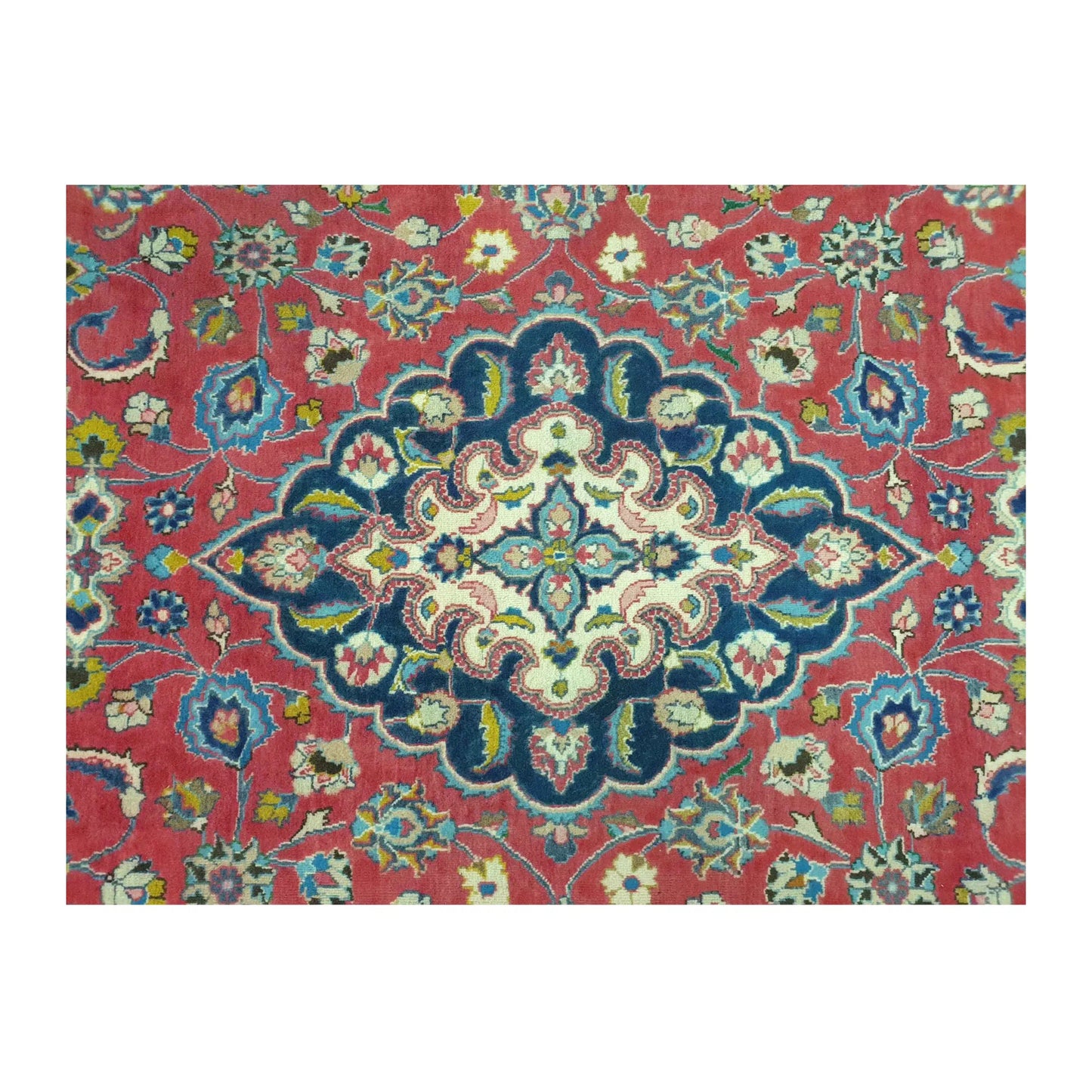 Medallion detail of Vintage Mashad wool rug with ivory, navy and teal floral accents on rose-red field, 290 x 186 cm