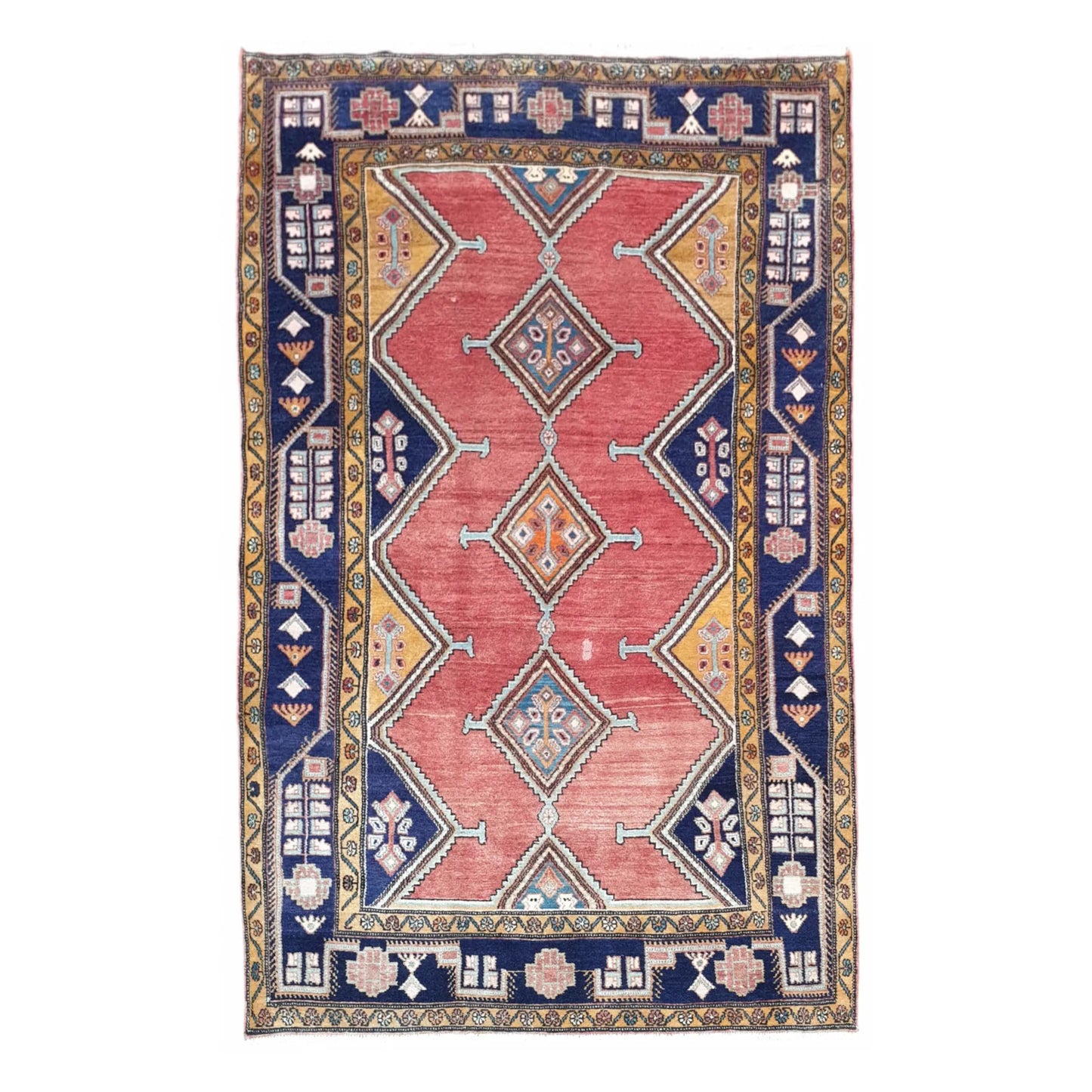 Full view of Vintage Persian Afshar hand-knotted wool rug with red field, diamond medallions and navy border, 250 x 147 cm