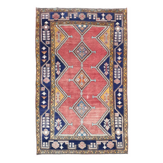 Full view of Vintage Persian Afshar hand-knotted wool rug with red field, diamond medallions and navy border, 250 x 147 cm