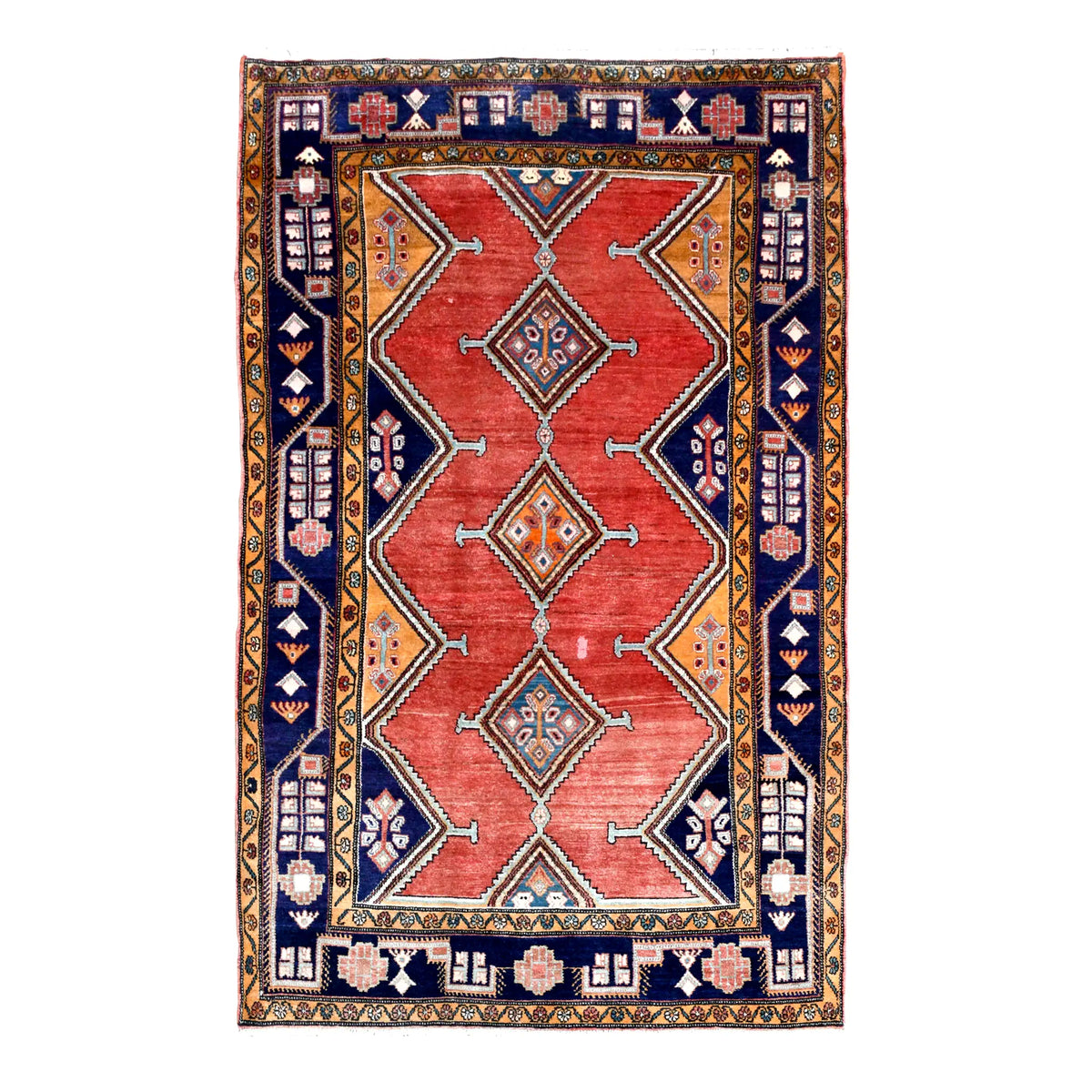 Full view of vintage Persian Afshar hand-knotted wool rug with brick-red field, three diamond medallions and navy borders, 250 x 147 cm