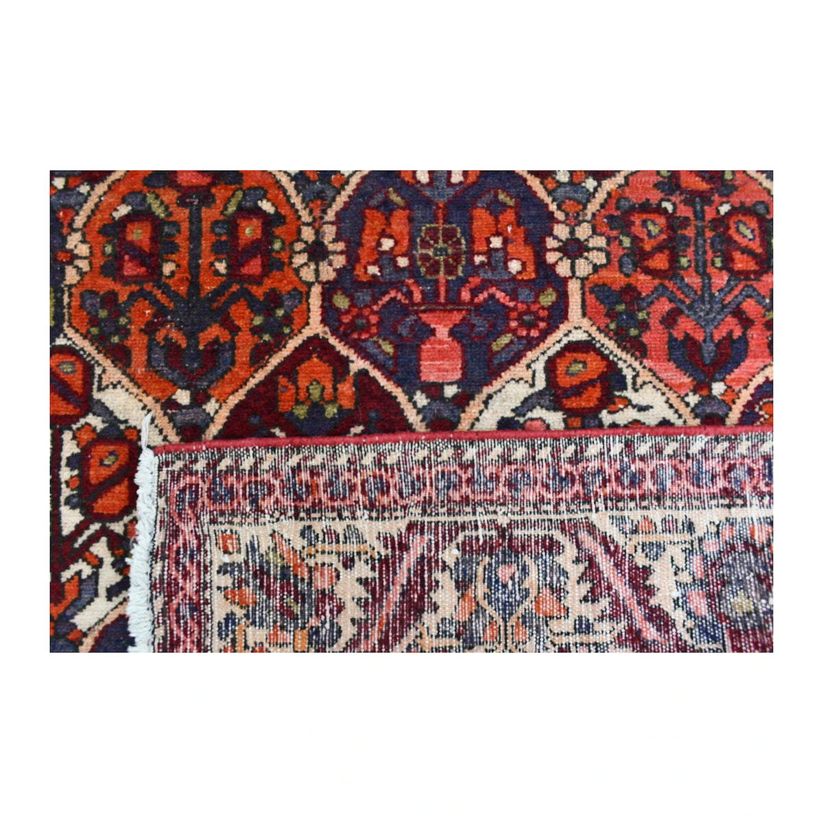Folded corner of vintage Bakhtiari rug showing the front wool pile, reverse weave and pointed garden-panel pattern