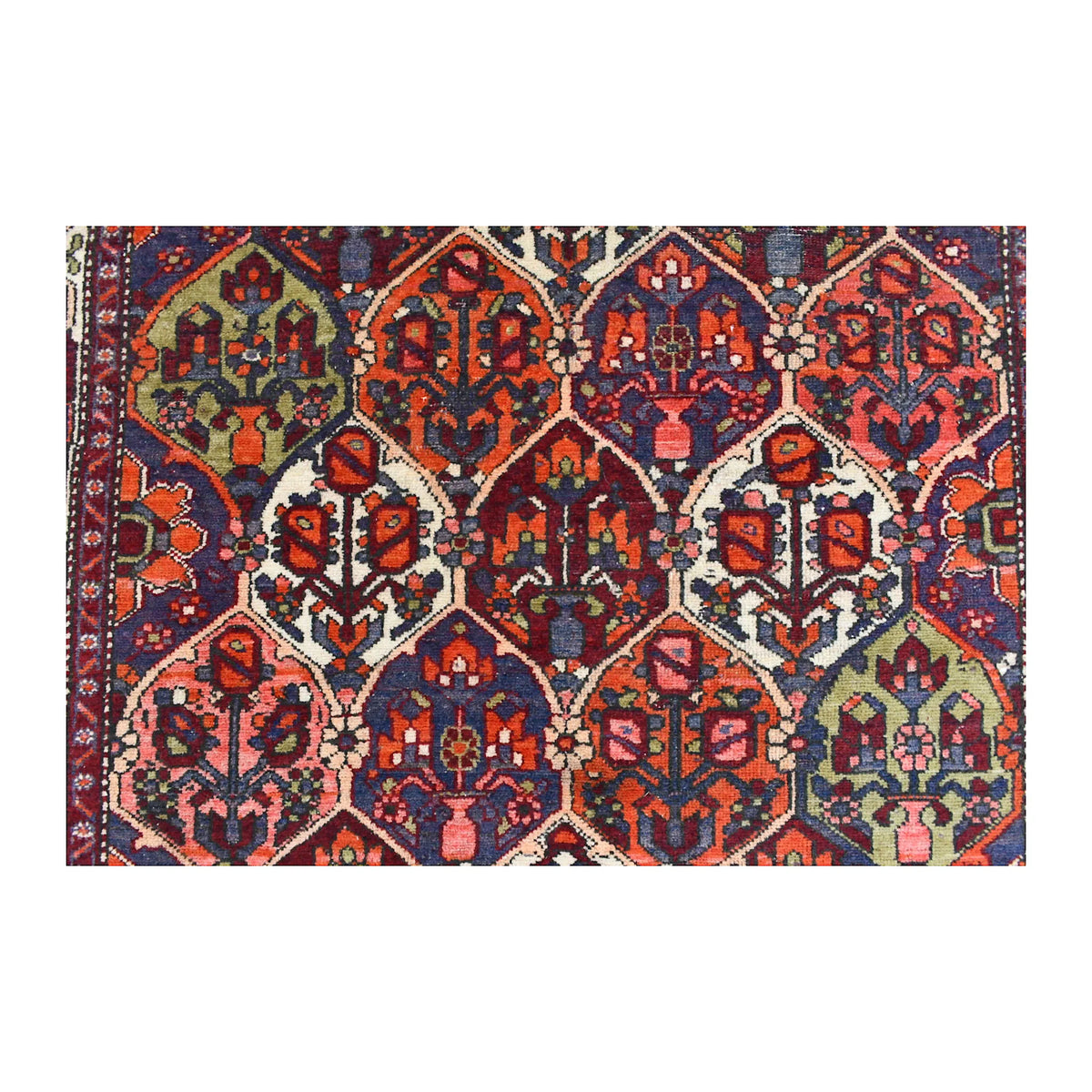 Field detail of vintage Persian Bakhtiari rug showing alternating burgundy, orange, ivory, indigo and olive garden compartments