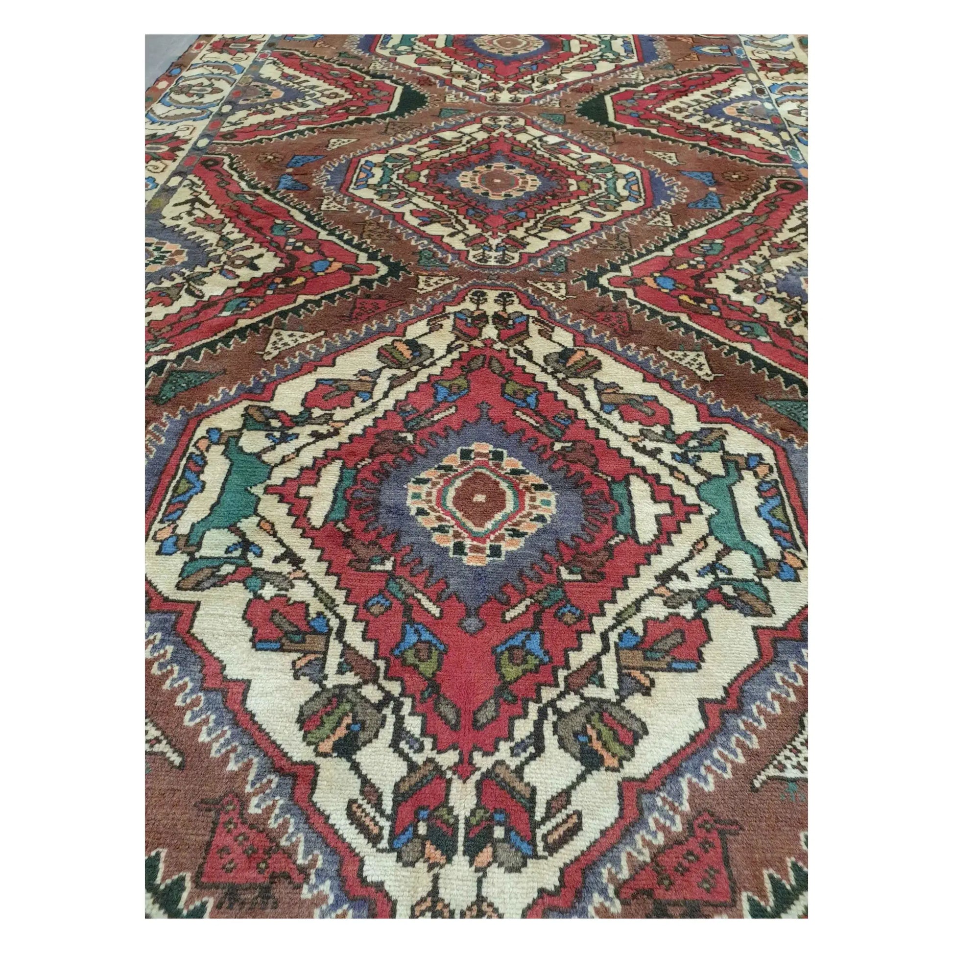 Diamond medallion detail on vintage Persian Bakhtiari hand-knotted wool rug