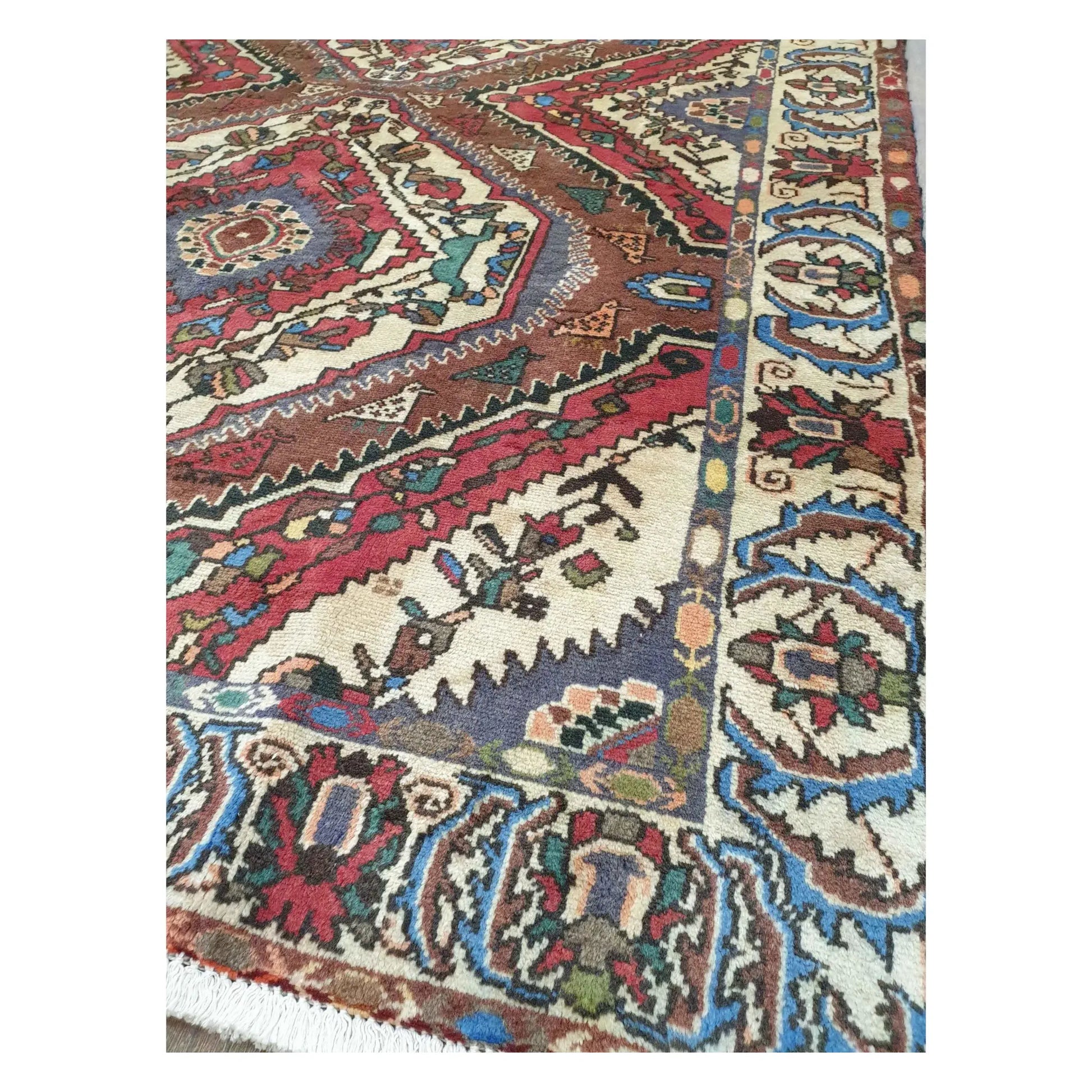 Fringe and border detail of vintage Persian Bakhtiari wool rug with geometric motifs