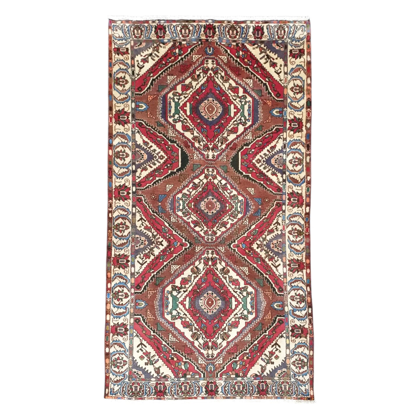 Full view of vintage Persian Bakhtiari hand-knotted wool rug 287 x 155 cm with diamond medallion design