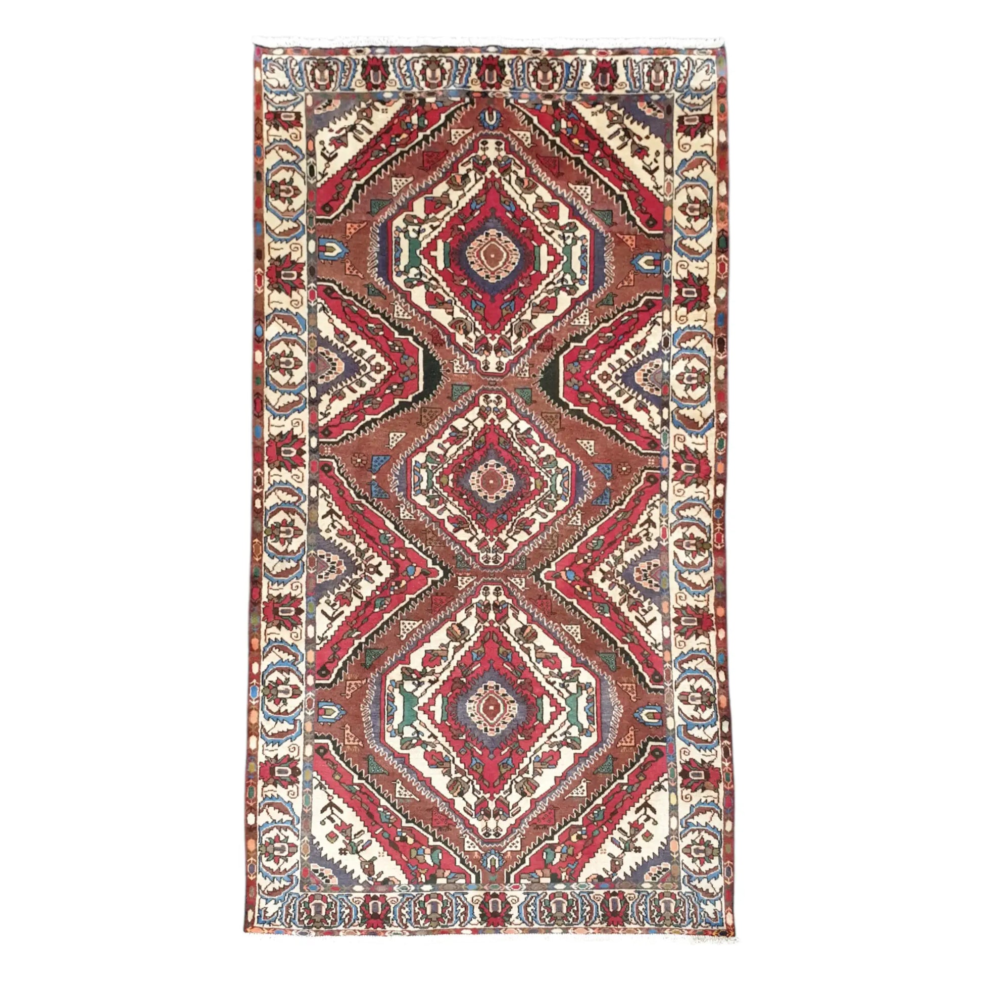 Full view of vintage Persian Bakhtiari hand-knotted wool rug 287 x 155 cm with diamond medallion design