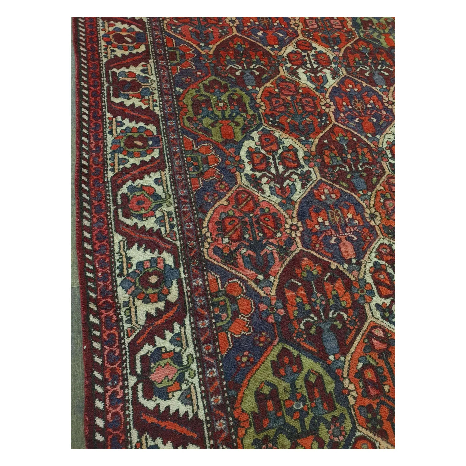Field and side border detail of vintage Persian Bakhtiari rug with garden panel motifs