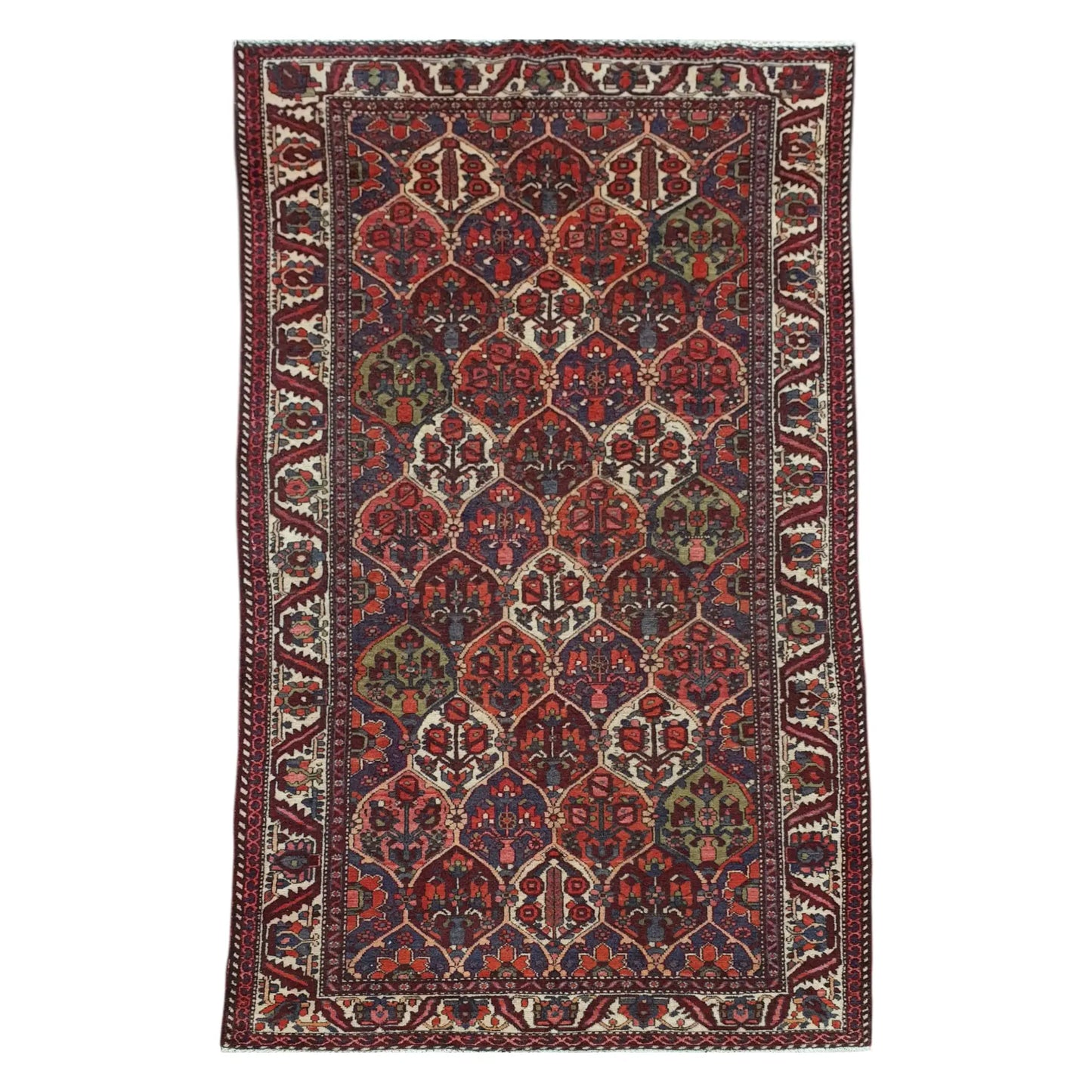 Full view of vintage Persian Bakhtiari hand-knotted wool rug 297 x 159 cm with garden panel design