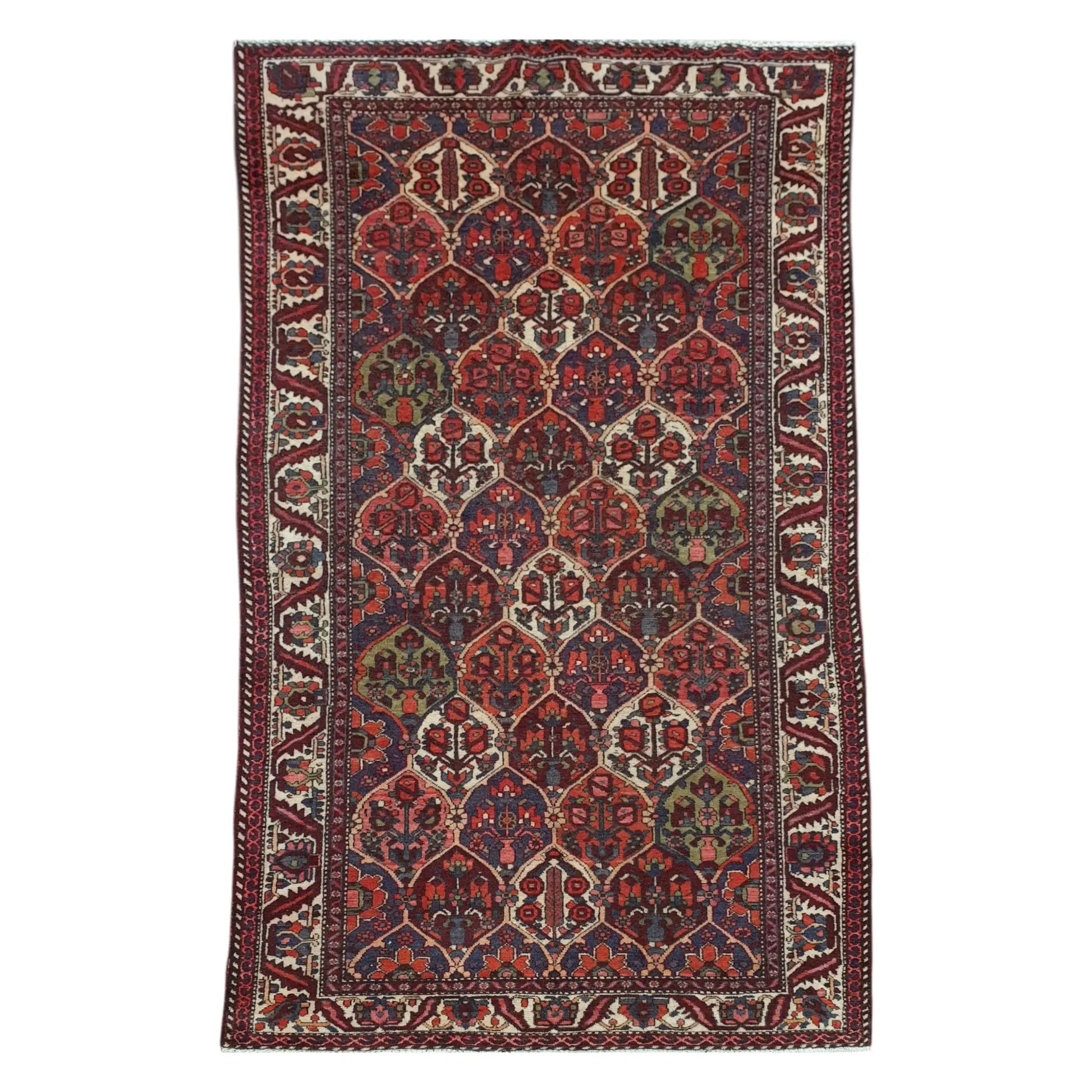 Full view of vintage Persian Bakhtiari hand-knotted wool rug 297 x 159 cm with garden panel design