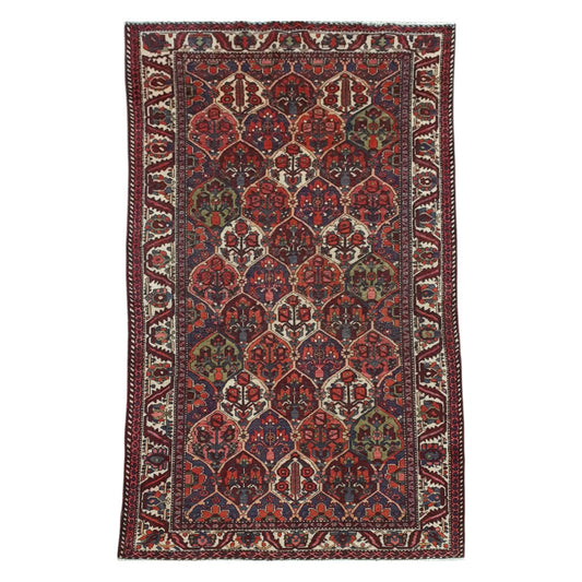 Full view of vintage Persian Bakhtiari hand-knotted wool rug 297 x 159 cm with garden panel design