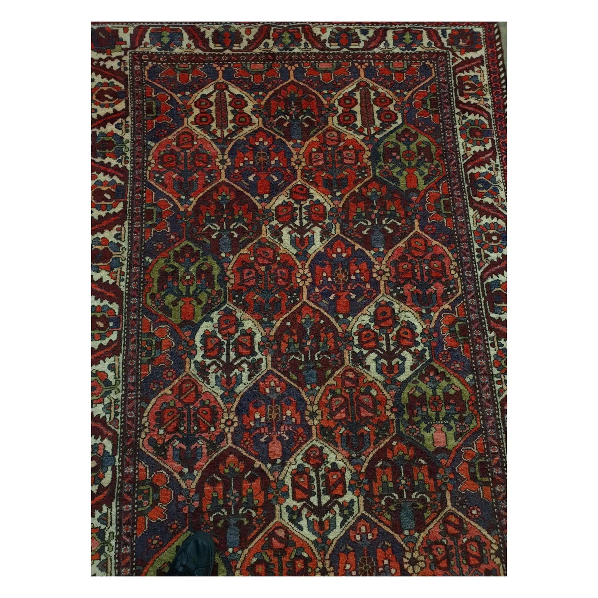 Top field detail of vintage Persian Bakhtiari rug showing garden panel pattern