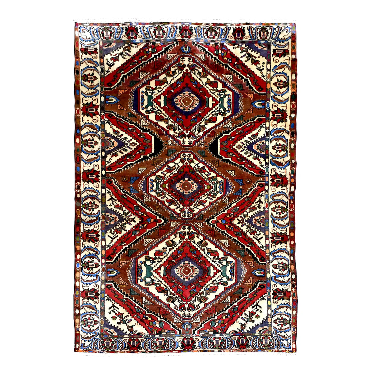 Full view of vintage Persian Bakhtiari wool rug with three diamond medallions, rust-red chevrons and ivory floral border, 287 x 155 cm