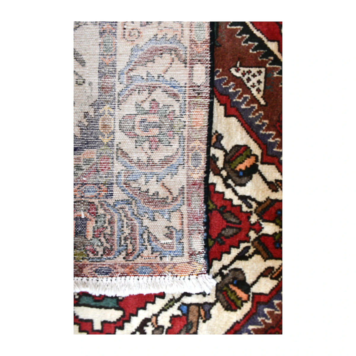 Reverse-weave detail of Bakhtiari rug showing its pale patterned back beside the floral-geometric front and white fringe