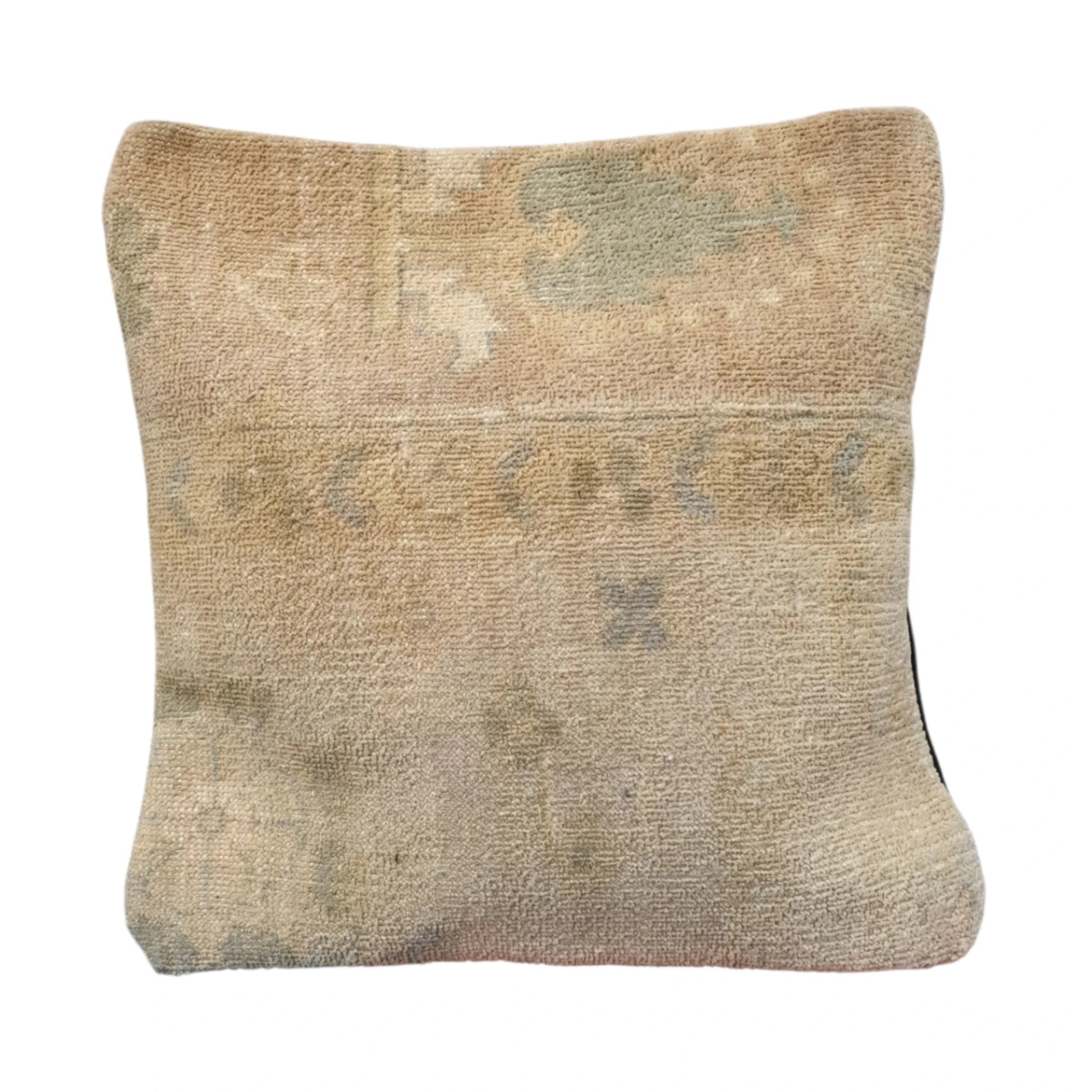 Front view of vintage Persian beige overdyed cushion cover with faded sage-grey pattern, approximately 45 x 45 cm