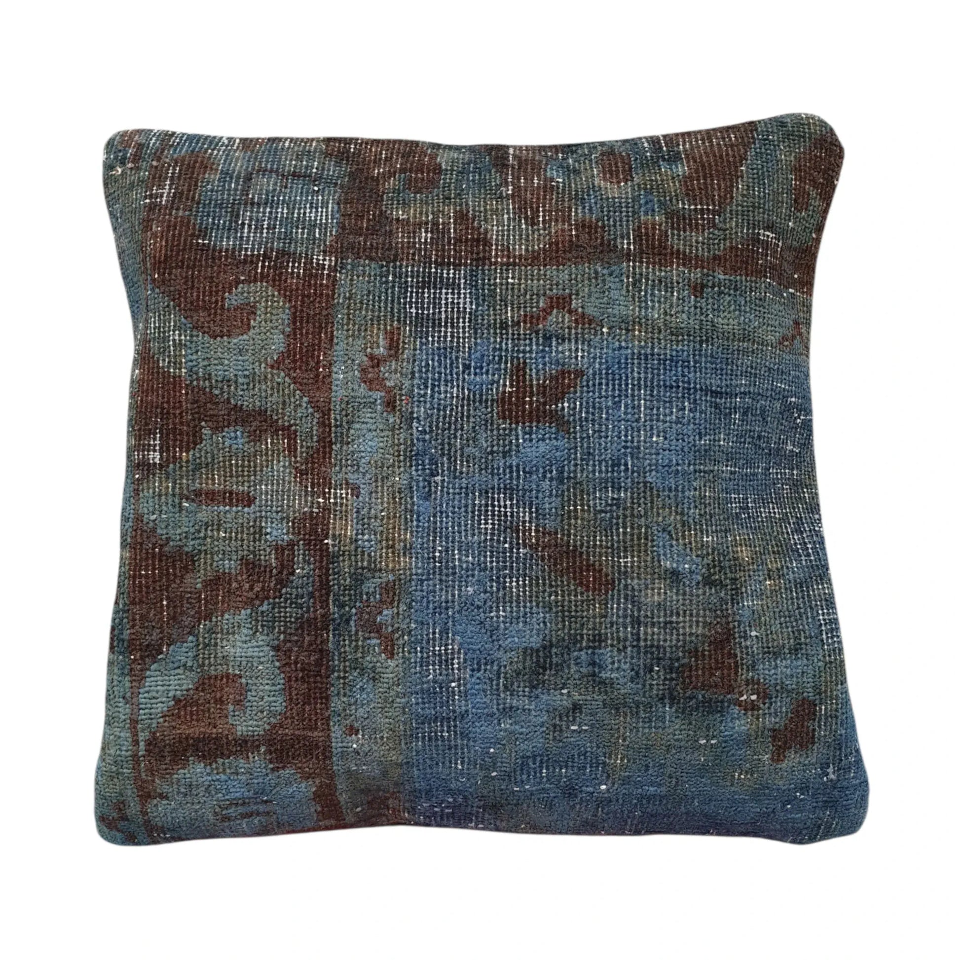 Front view of vintage Persian blue overdyed rug cushion cover with deep burgundy floral pattern, approximately 45 x 45 cm