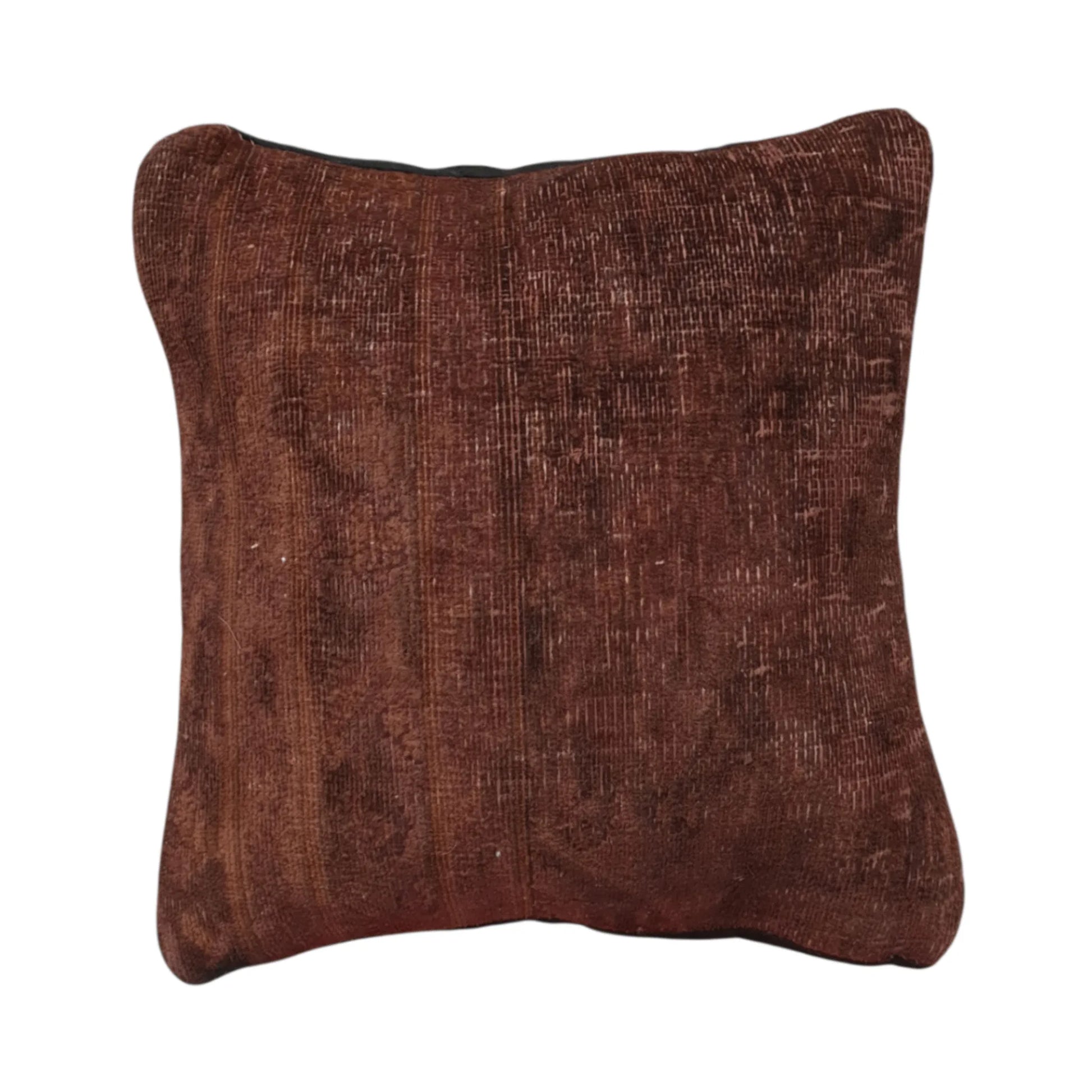 Front view of vintage Persian brown overdyed cushion cover with faded linear pattern, approximately 45 x 45 cm