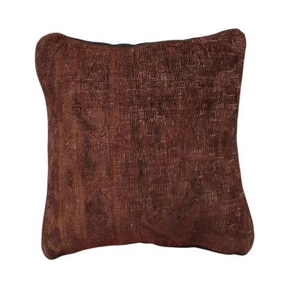 Front view of vintage Persian brown overdyed cushion cover with faded linear pattern, approximately 45 x 45 cm