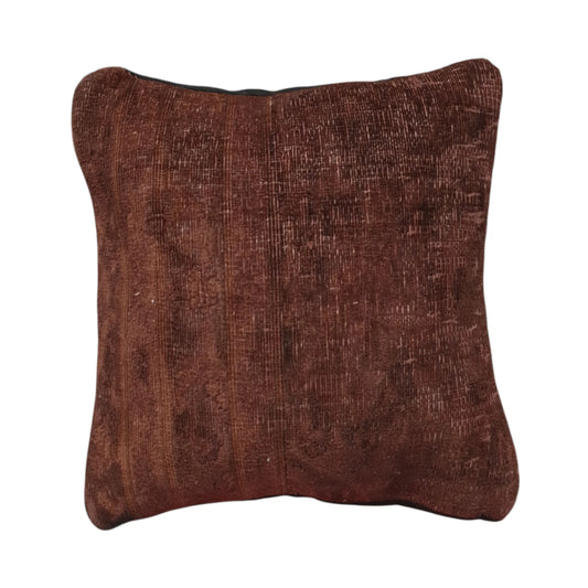 Front view of vintage Persian brown overdyed cushion cover with faded linear pattern, approximately 45 x 45 cm
