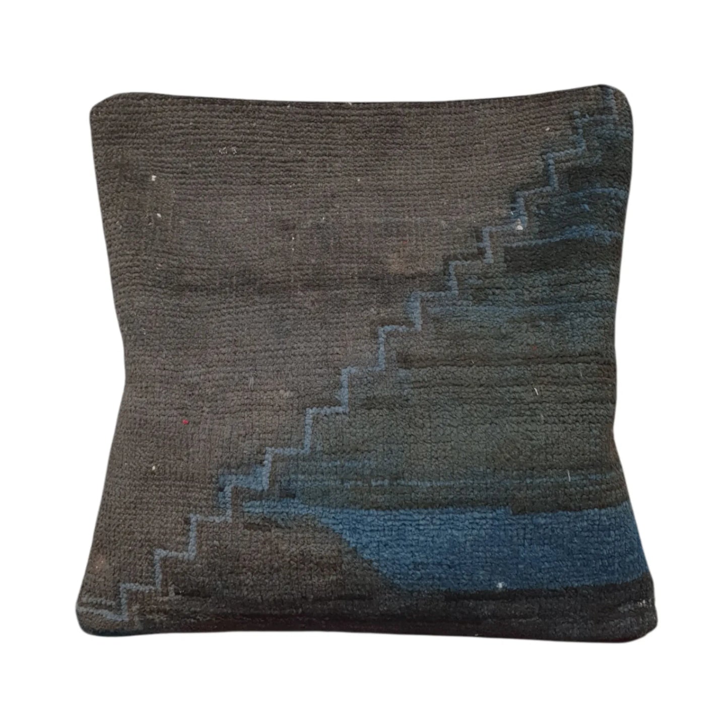 Front view of vintage Persian charcoal and blue overdyed cushion cover with stepped geometric pattern, approximately 45 x 45 cm