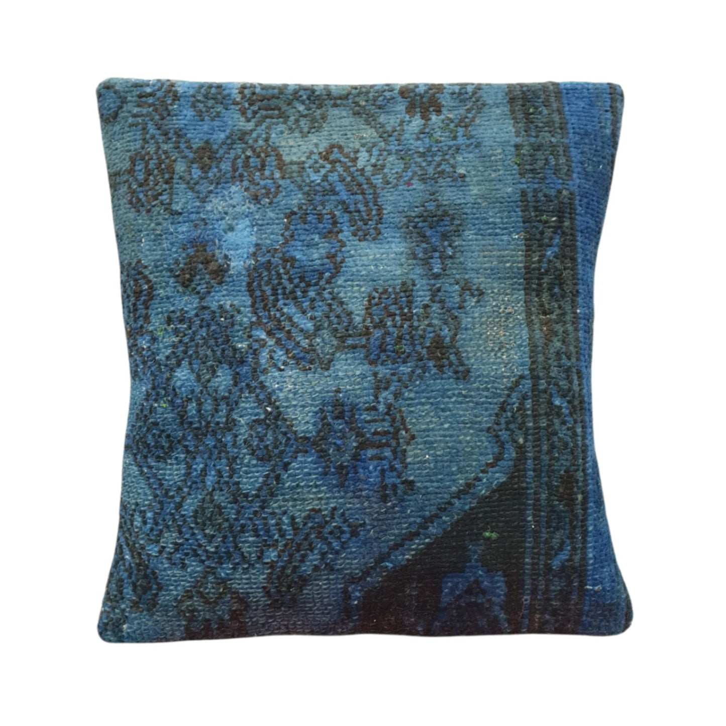 Front view of vintage Persian deep blue overdyed cushion cover with dark charcoal floral motifs, approximately 45 x 45 cm