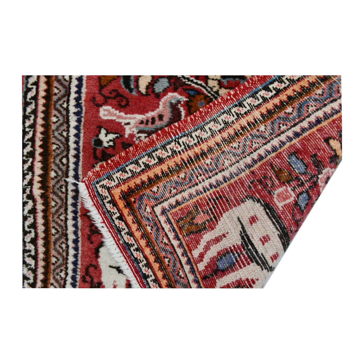 Folded corner reverse-weave detail of vintage Persian Hamadan hand-knotted wool rug showing back structure, border pattern and weave