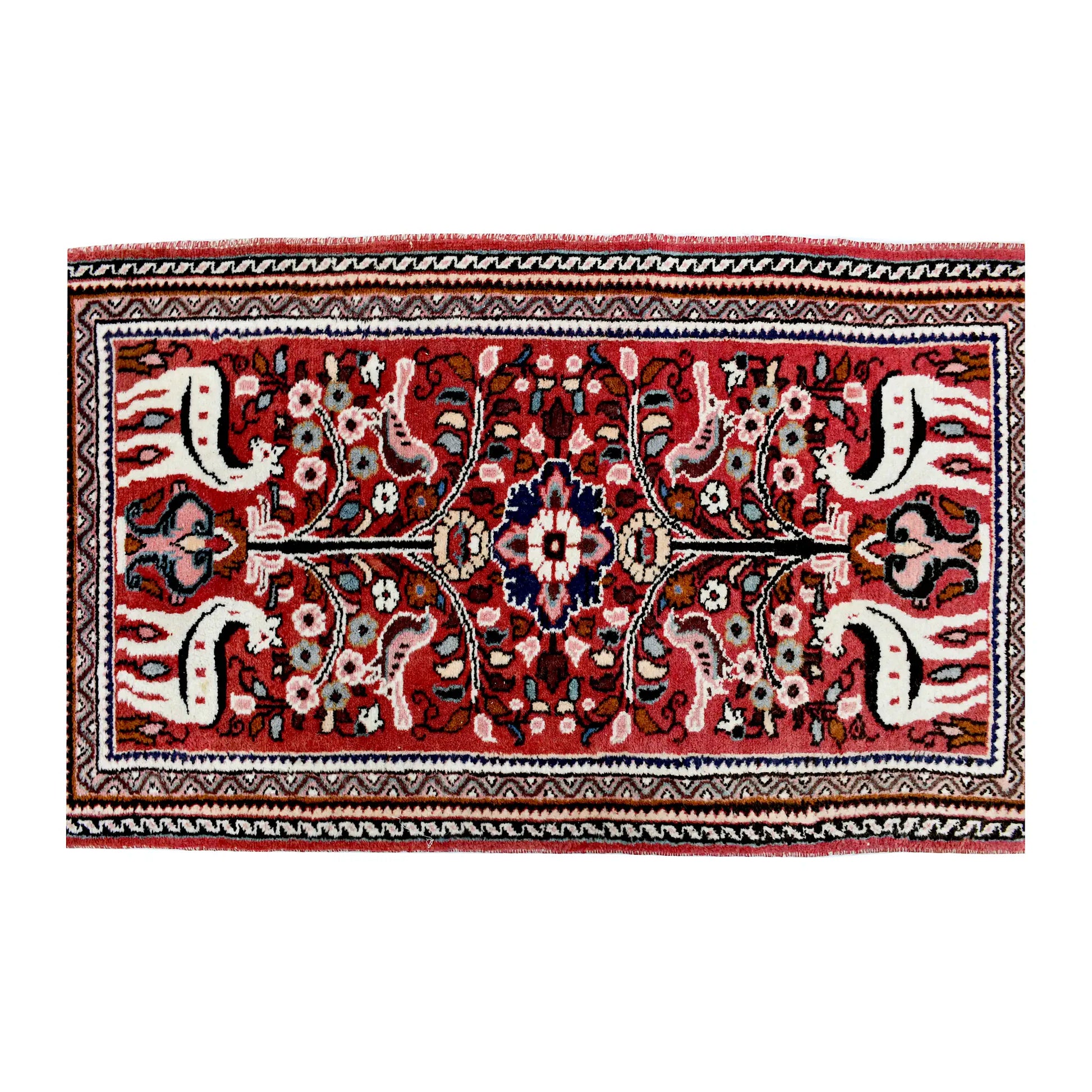 Full field design detail of vintage Persian Hamadan hand-knotted wool rug showing animal motifs, medallion layout and geometric border