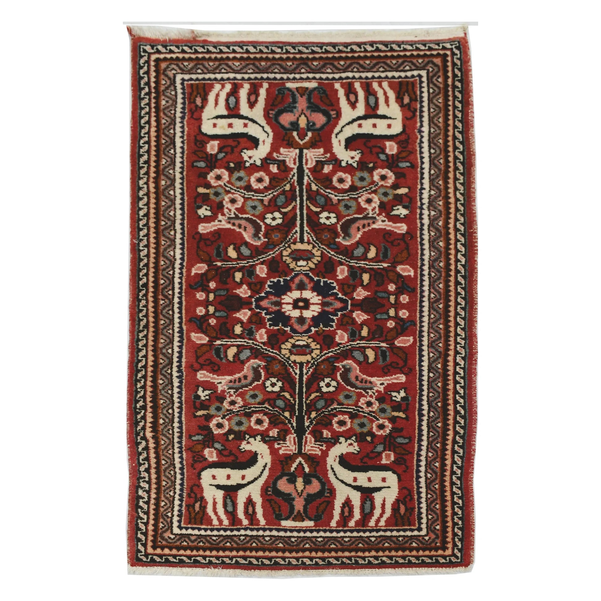 Full view of vintage Persian Hamadan hand-knotted wool rug with deep red field, animal motifs, central medallion and border, 126 x 72 cm