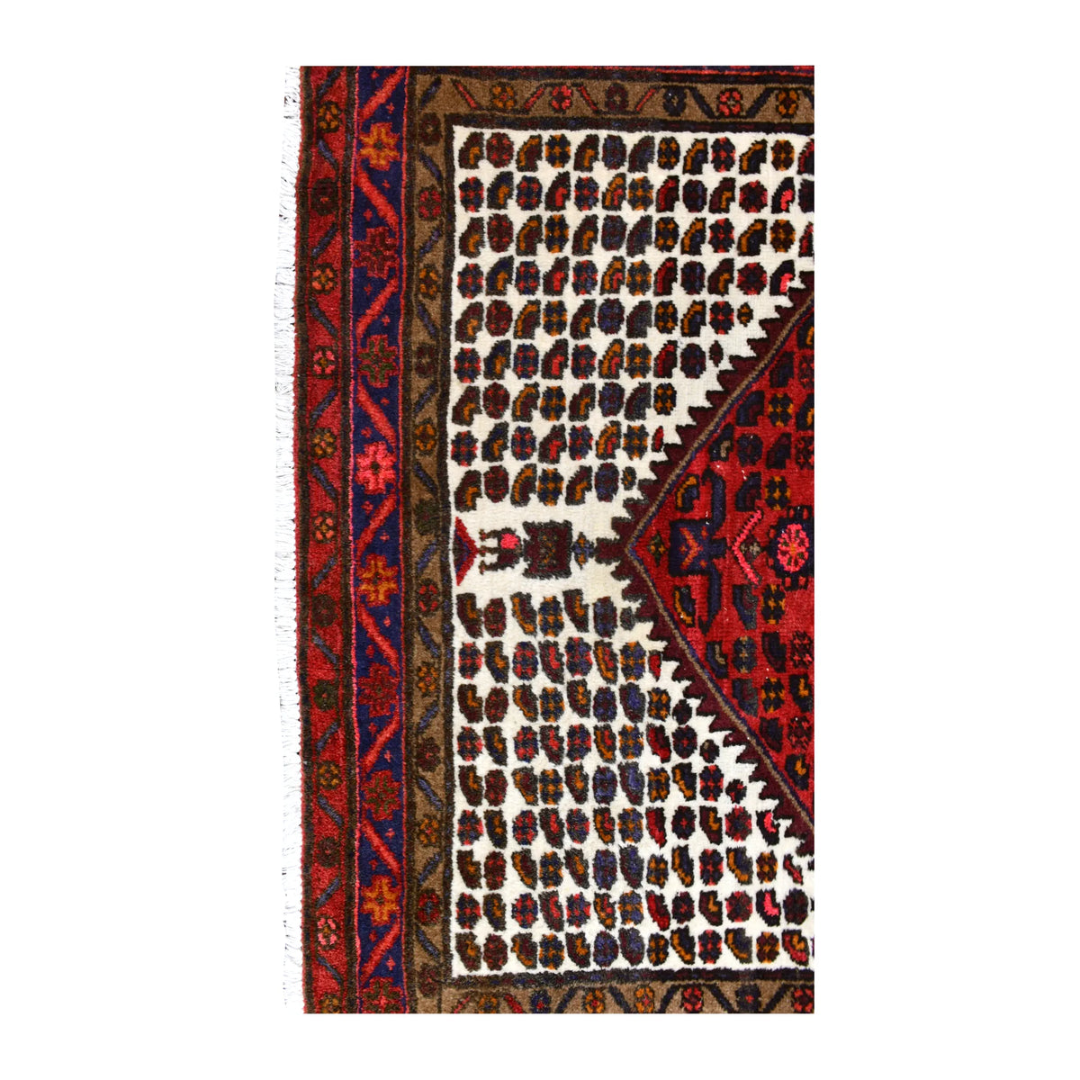 Border and cream spandrel detail of Persian Hamadan rug with repeated dark boteh motifs and layered red and navy borders