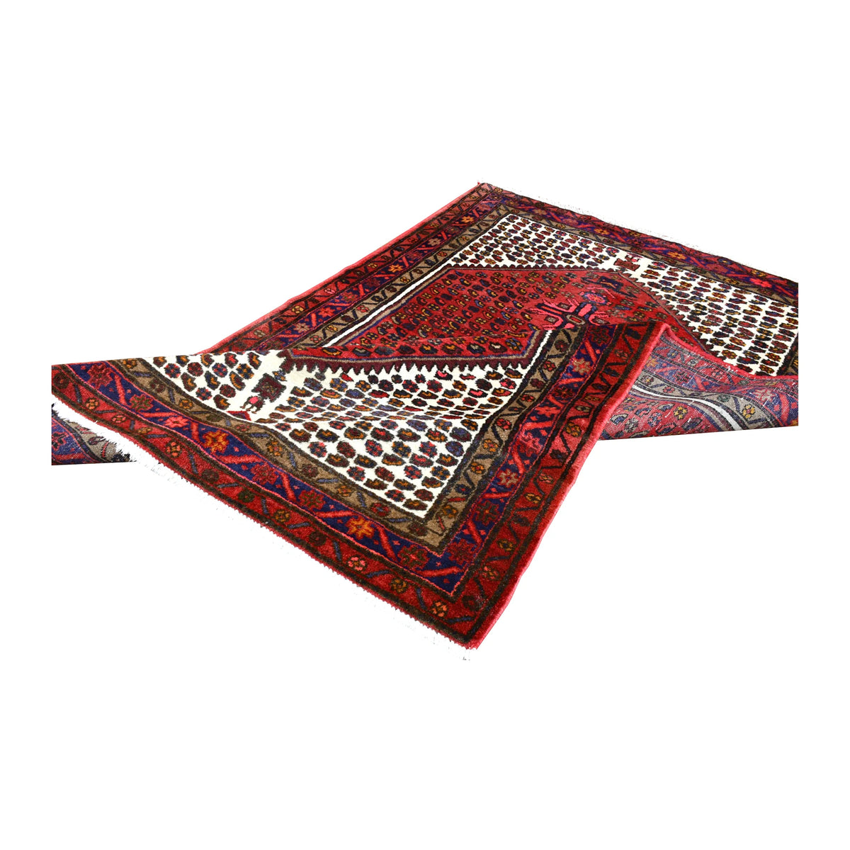 Folded view of vintage Persian Hamadan hand-knotted wool rug showing its medallion field, borders and pale fringe