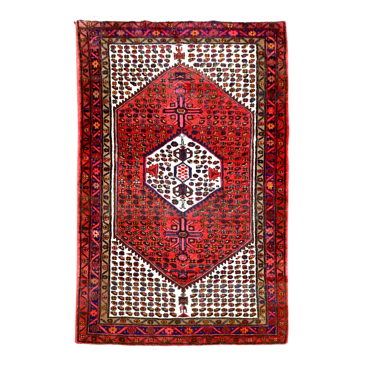 Full view of vintage Persian Hamadan hand-knotted wool rug with red boteh field and ivory hexagonal medallion, 193 x 132 cm
