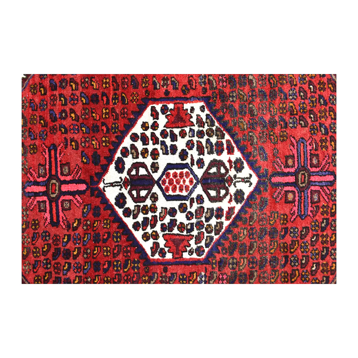 Central medallion detail of Hamadan wool rug with ivory ground, dark boteh motifs and red geometric field