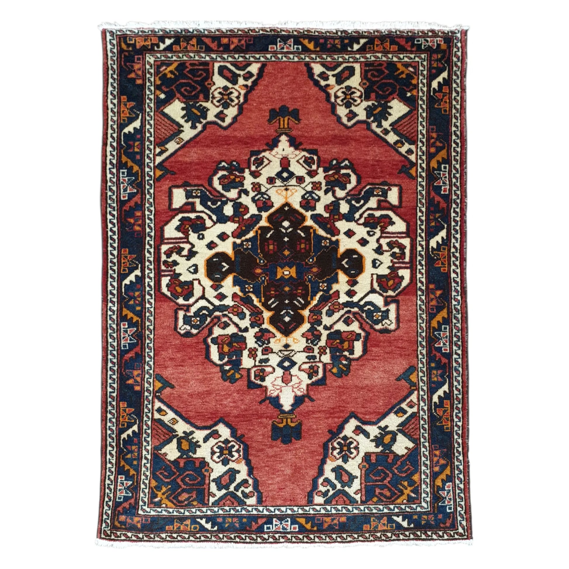 Full view of vintage Persian Hamadan hand-knotted wool rug 199 x 135 cm with central medallion