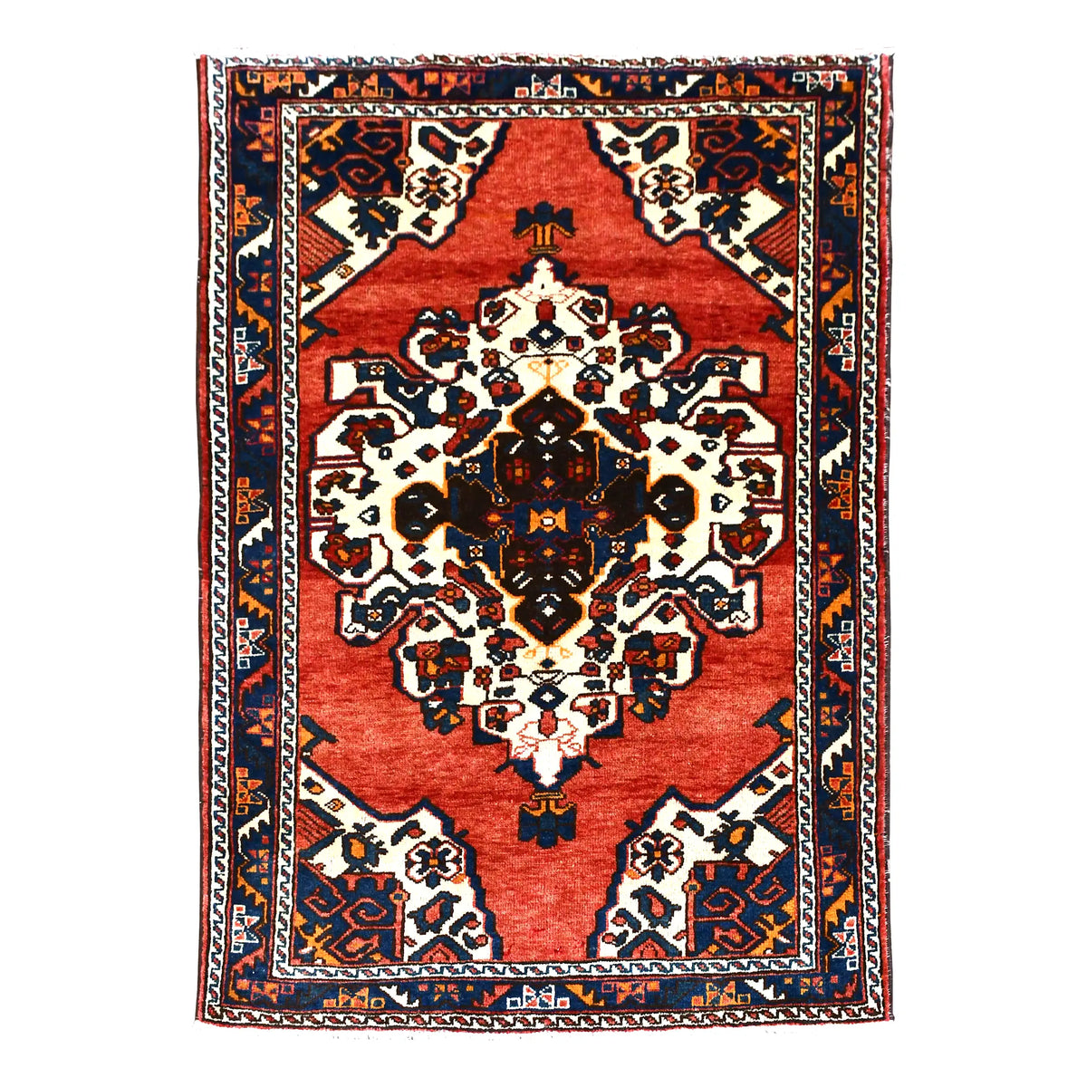 Full view of vintage Persian Hamadan hand-knotted wool rug with warm red field and floral-geometric medallion, 199 x 135 cm
