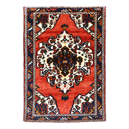 Full view of vintage Persian Hamadan hand-knotted wool rug with warm red field and floral-geometric medallion, 199 x 135 cm