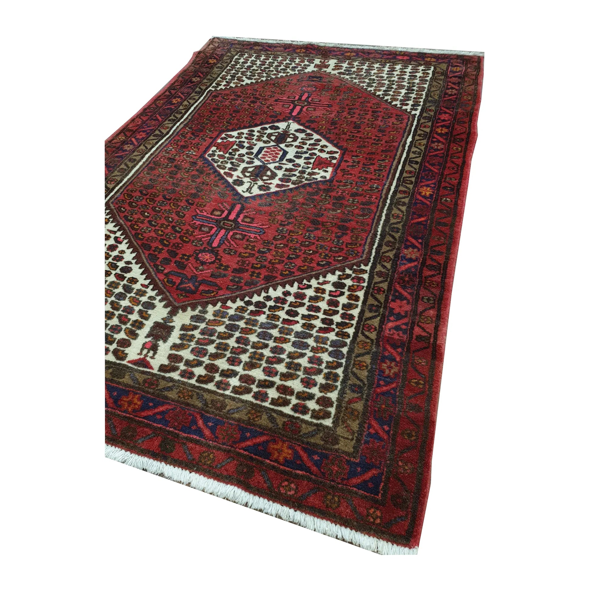 Close-up of vintage Hamadan rug showing border, corner detail and hand-knotted wool texture