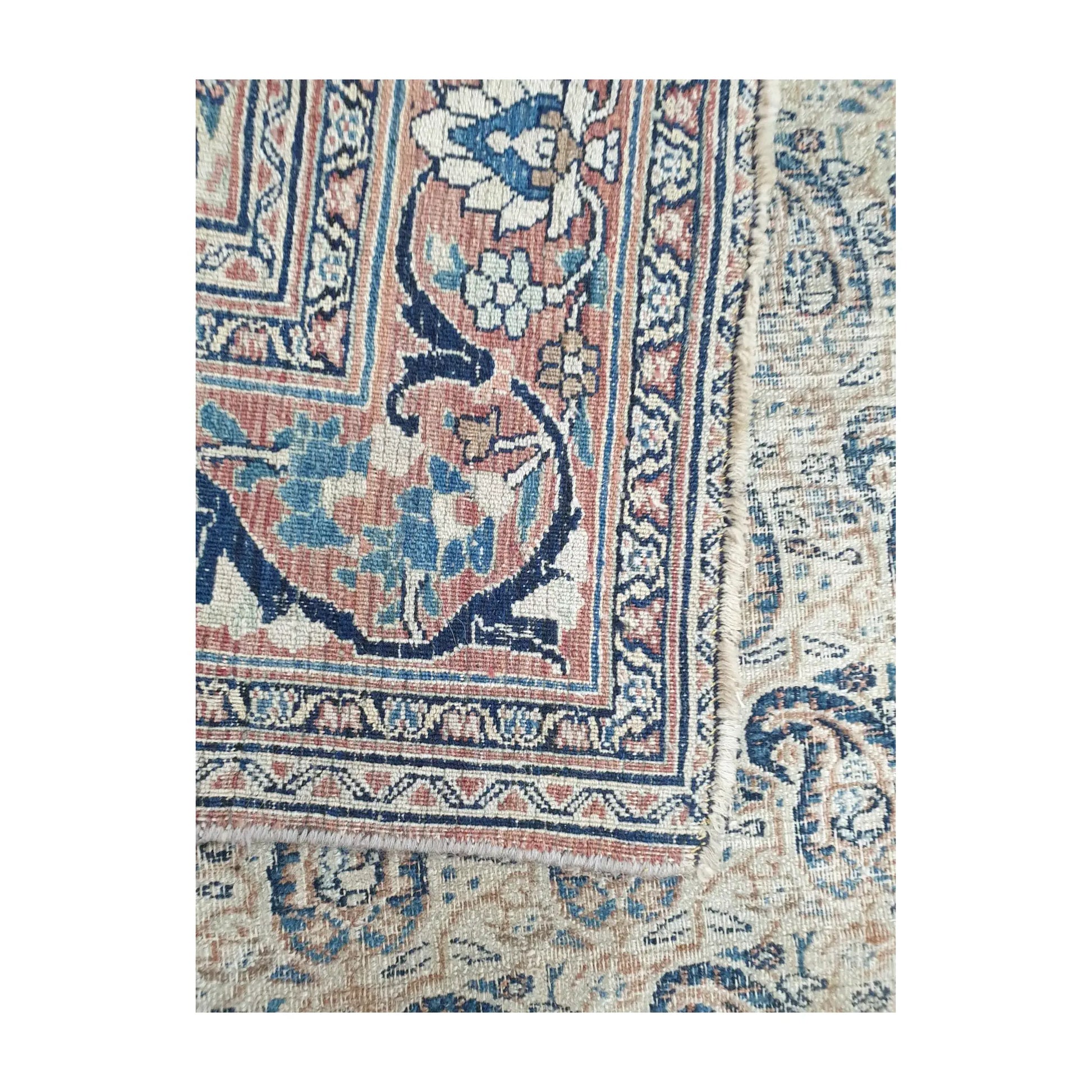 Back border detail of vintage Persian Mashad Dorakhash rug showing weave texture