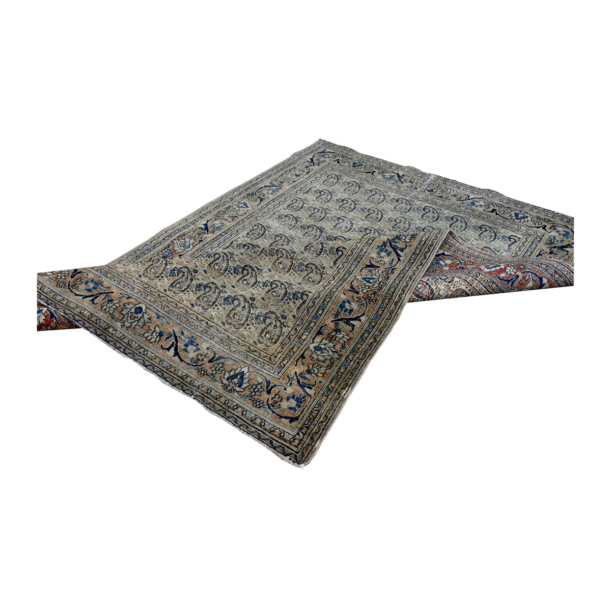 Folded view of Mashad Dorakhash rug showing its pale boteh field and layered floral borders