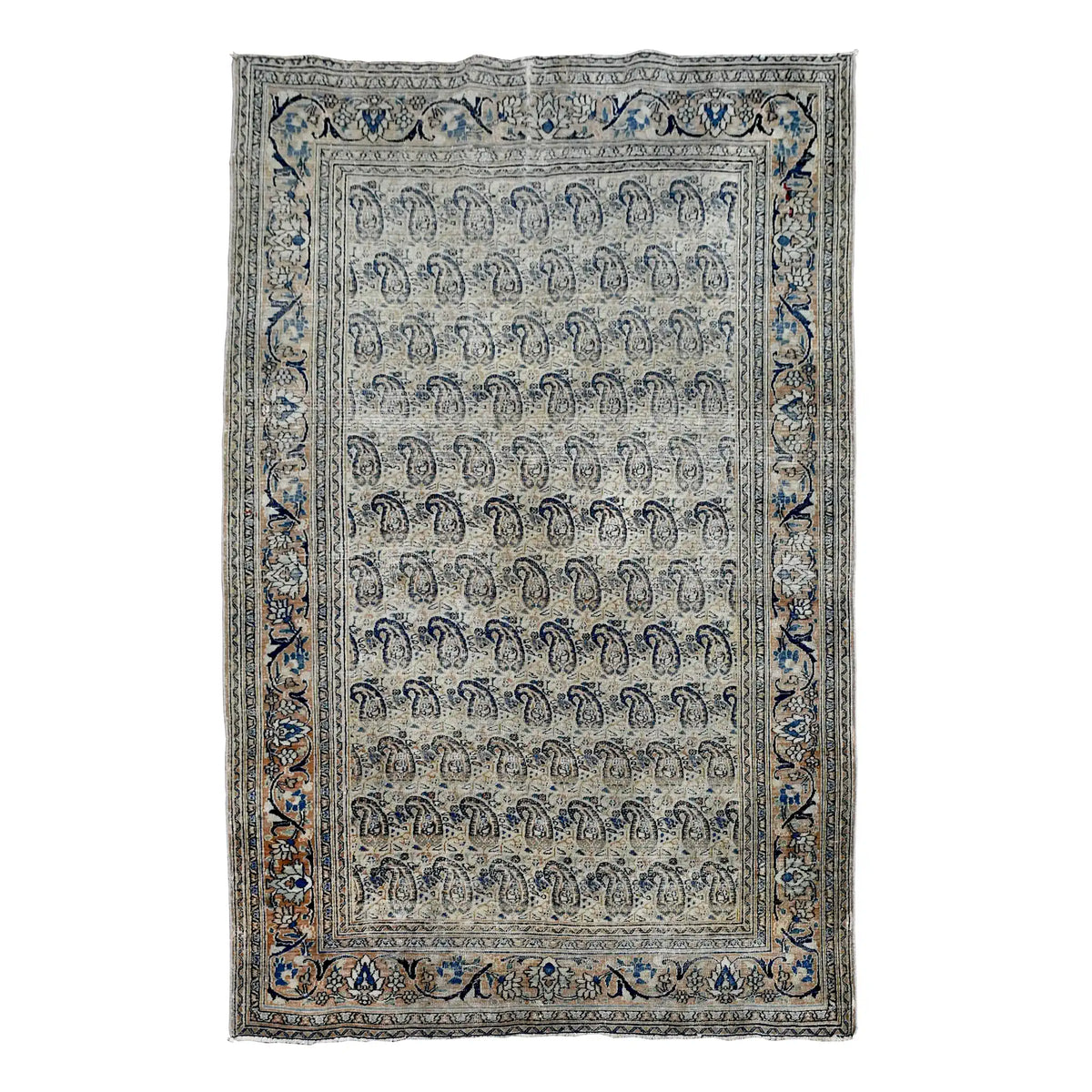 Full view of vintage Persian Mashad Dorakhash rug with soft grey boteh field and muted blue floral borders, 158 x 114 cm