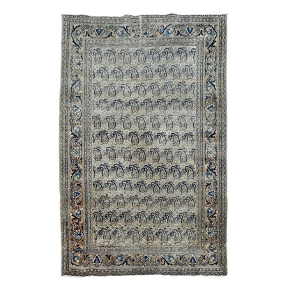 Full view of vintage Persian Mashad Dorakhash rug with soft grey boteh field and muted blue floral borders, 158 x 114 cm