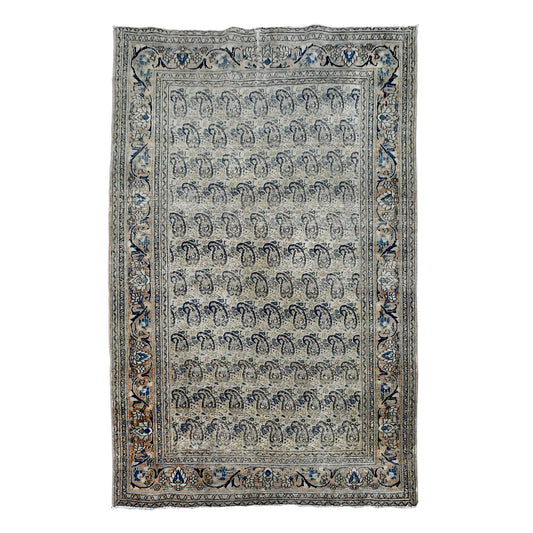 Full view of vintage Persian Mashad Dorakhash rug with soft grey boteh field and muted blue floral borders, 158 x 114 cm