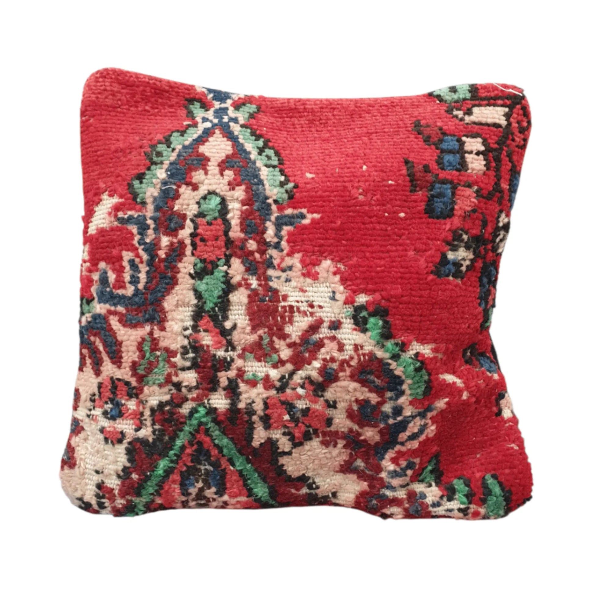 Front view of vintage Persian red rug cushion cover with fragmented multicolour floral pattern, approximately 45 x 45 cm