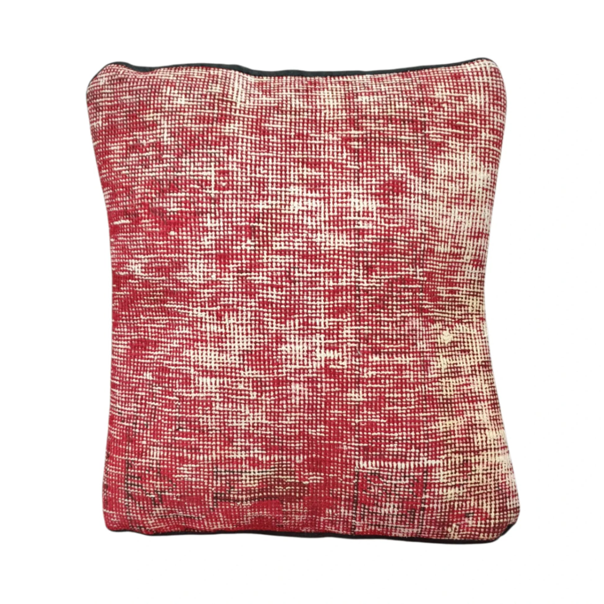Front view of vintage Persian red and ivory cushion cover with dense crosshatched pattern, approximately 45 x 45 cm