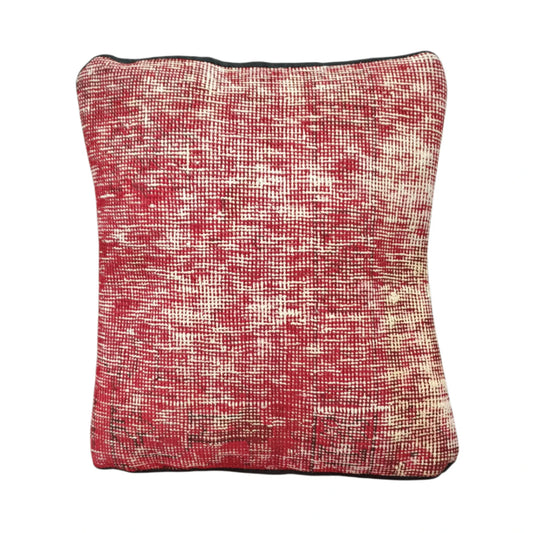 Front view of vintage Persian red and ivory cushion cover with dense crosshatched pattern, approximately 45 x 45 cm