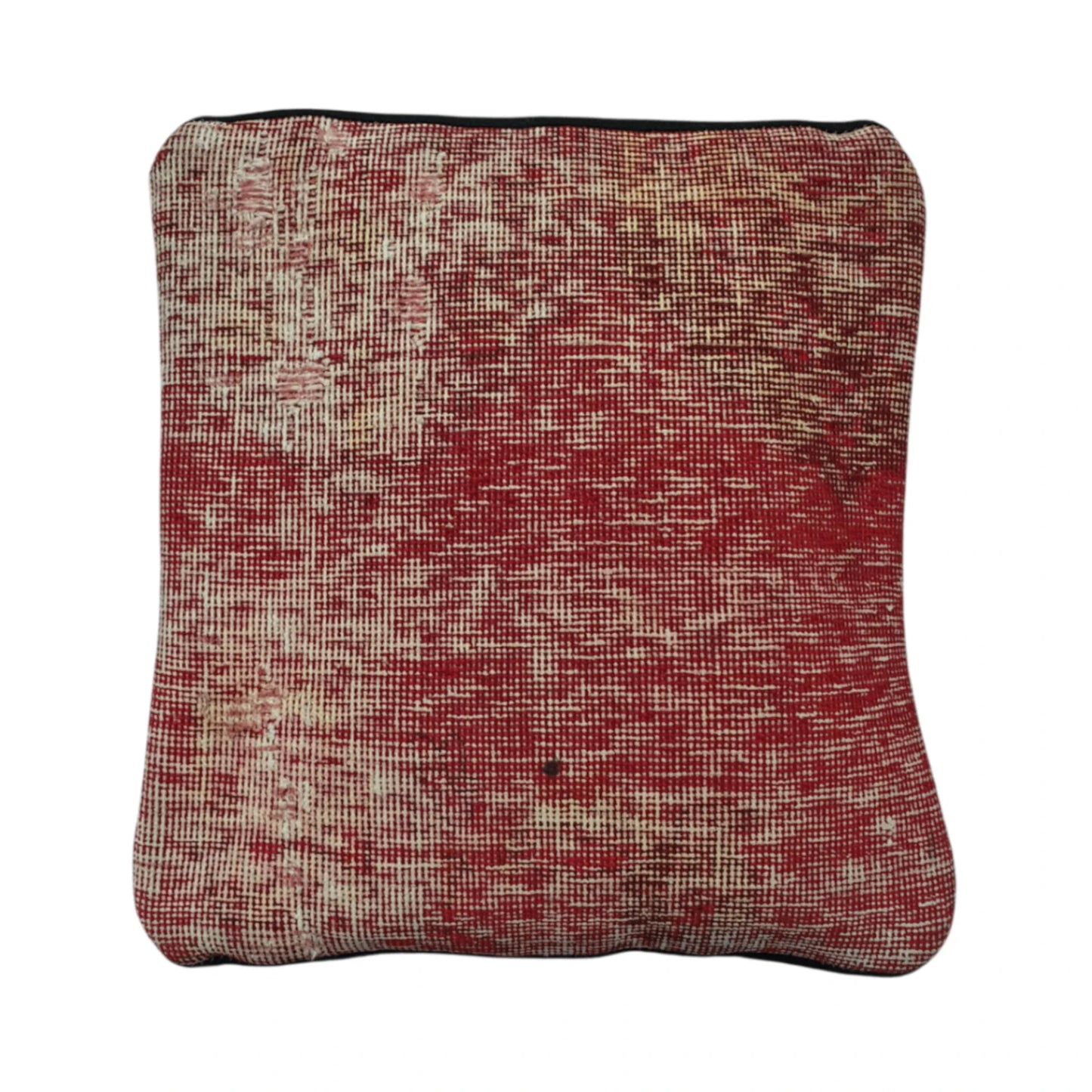 Front view of vintage Persian red and ivory overdyed cushion cover with dense crosshatched pattern, approximately 45 x 45 cm