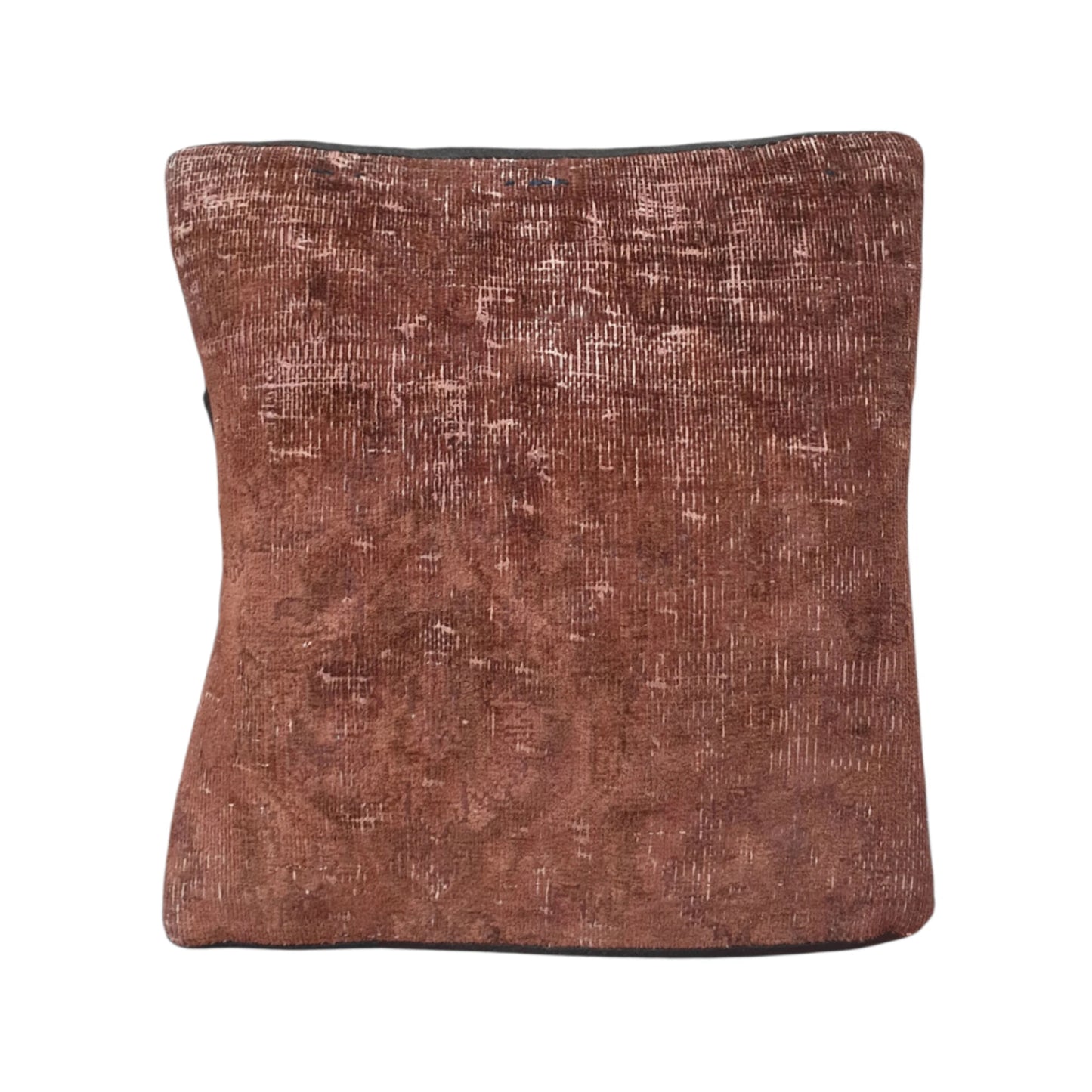 Front view of vintage Persian rust-brown overdyed rug cushion cover, approximately 45 x 45 cm